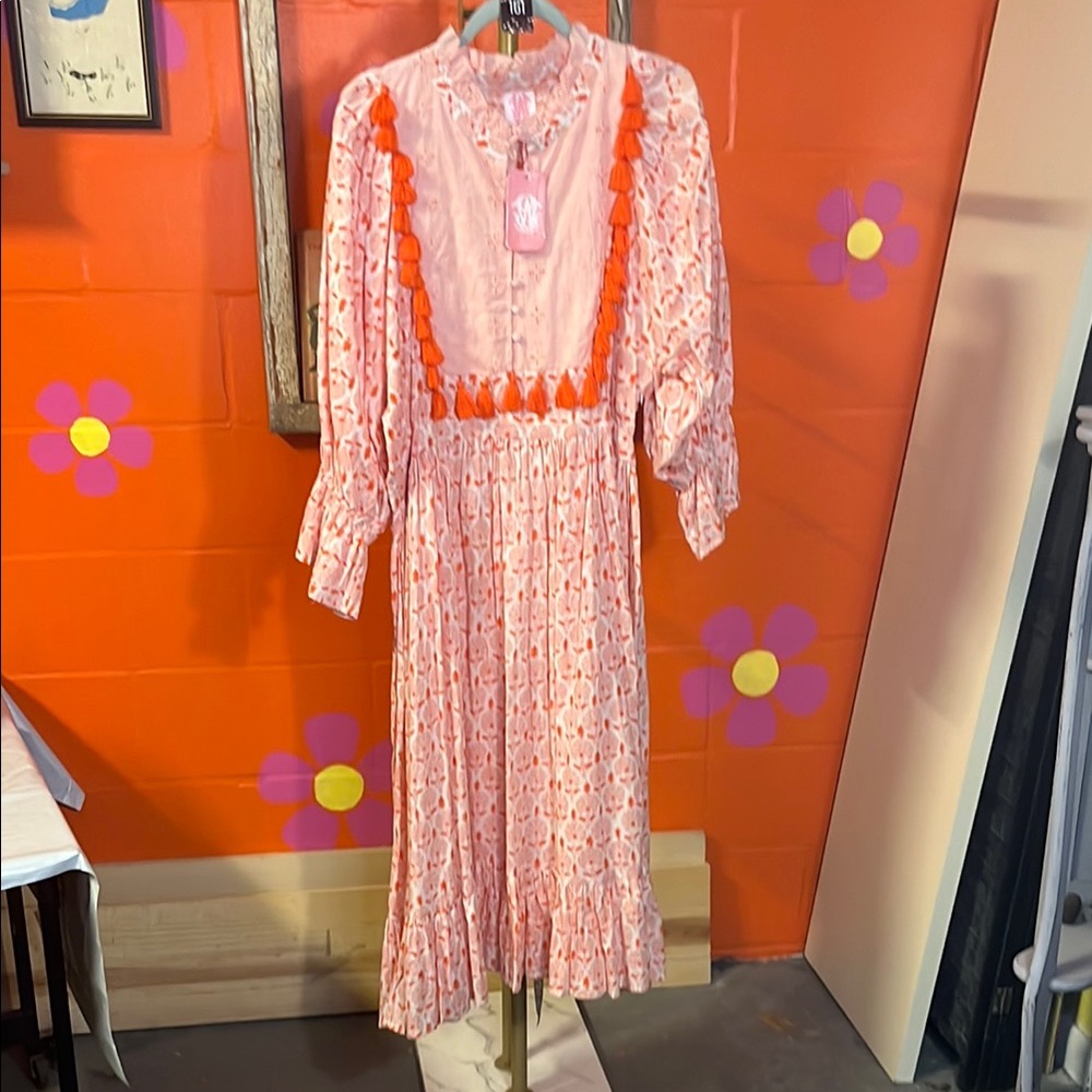 Elizabeth Wilson Designs Pink Floral Midi Dress with Orange Tassel Trim